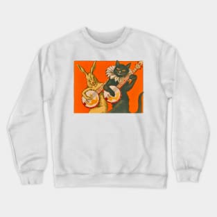 A cat playing the banjo and the musical rabbit accompanying it, a pair of cheerful and musical animals. Vintage drawing Crewneck Sweatshirt